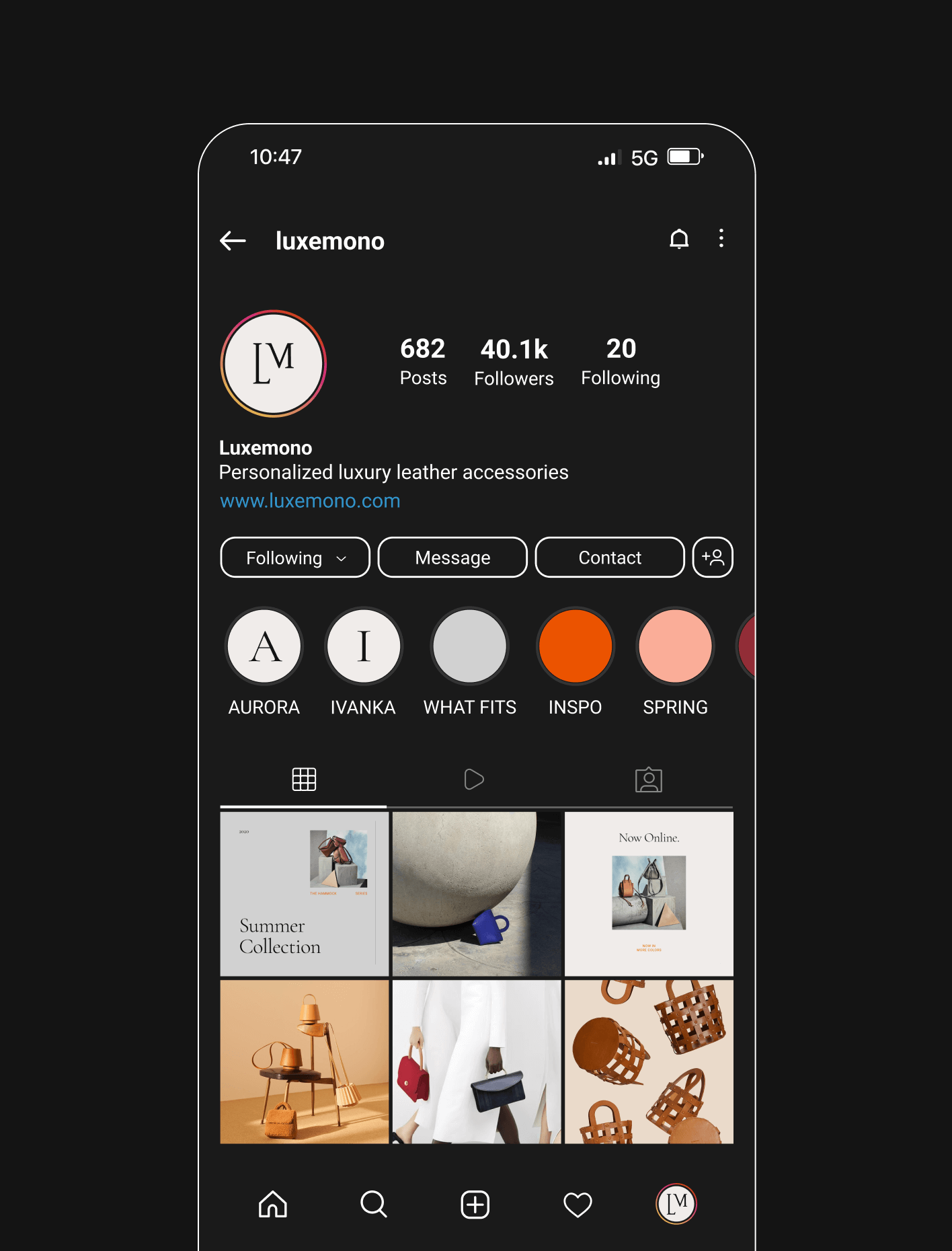 Luxemono's Instagram profile with new brand assets & colours