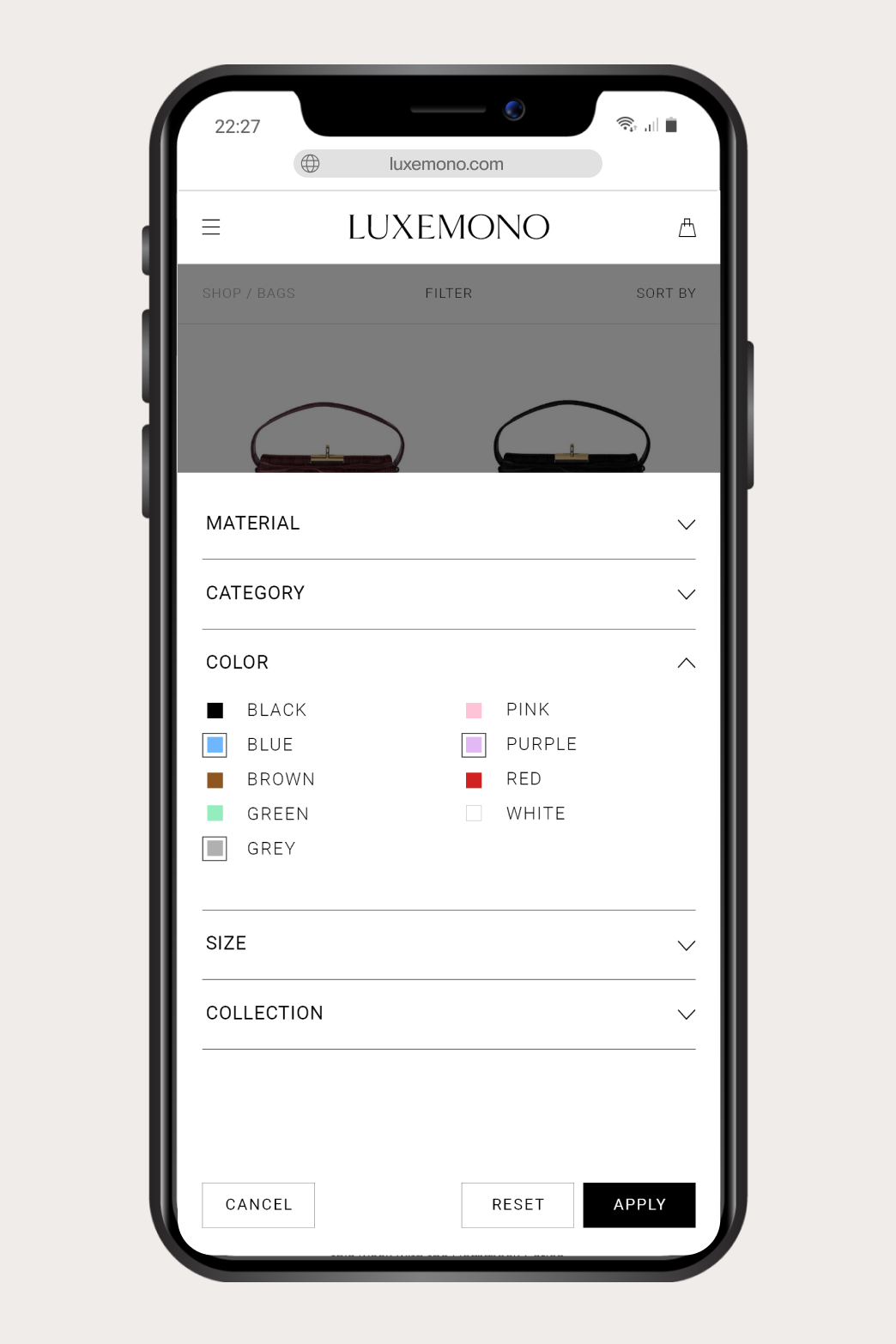 Luxemono's website: Mobile Filter Menu on Shop Page