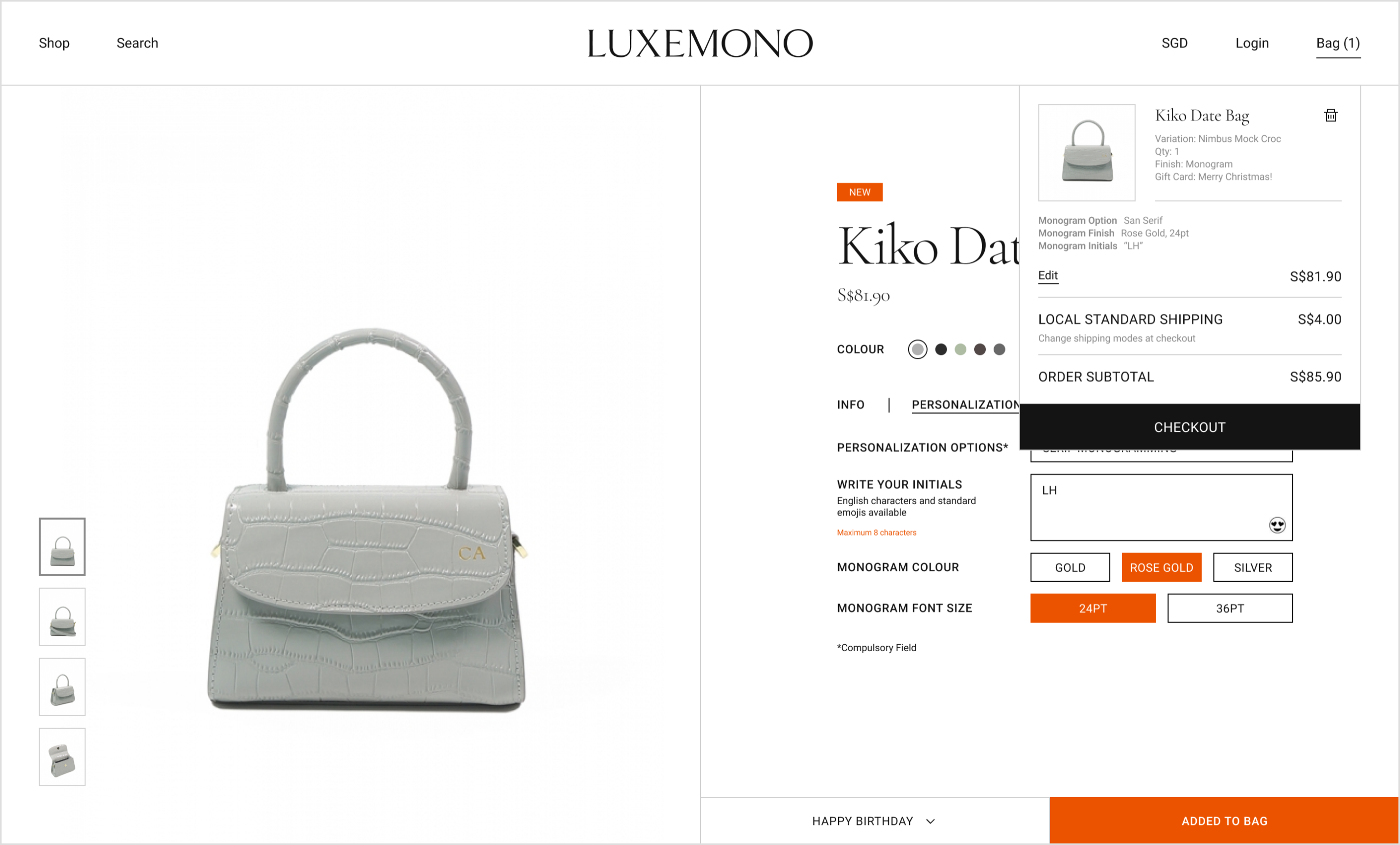 Luxemono's Website: Interaction when product is added to bag