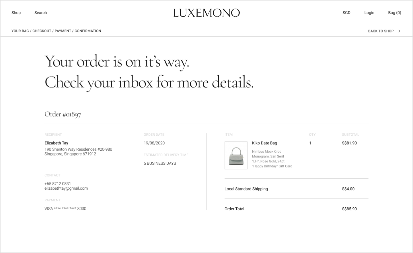 Luxemono's Website: Confirmation Page